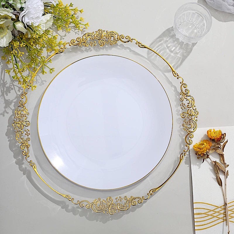 10 Round Glossy Disposable Salad and Dinner Plastic Plates with Gold Trim