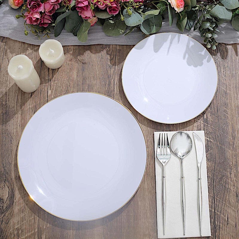 10 Round Glossy Disposable Salad and Dinner Plastic Plates with Gold Trim