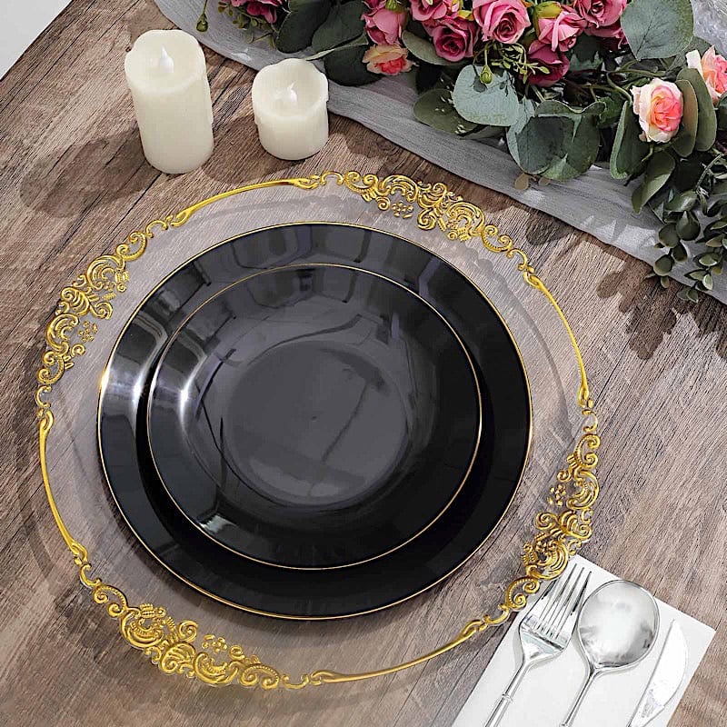 10 Round Glossy Disposable Salad and Dinner Plastic Plates with Gold Trim