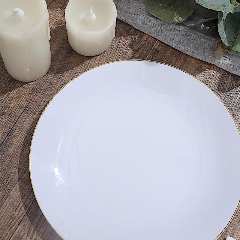 10 Round Glossy Disposable Salad and Dinner Plastic Plates with Gold Trim