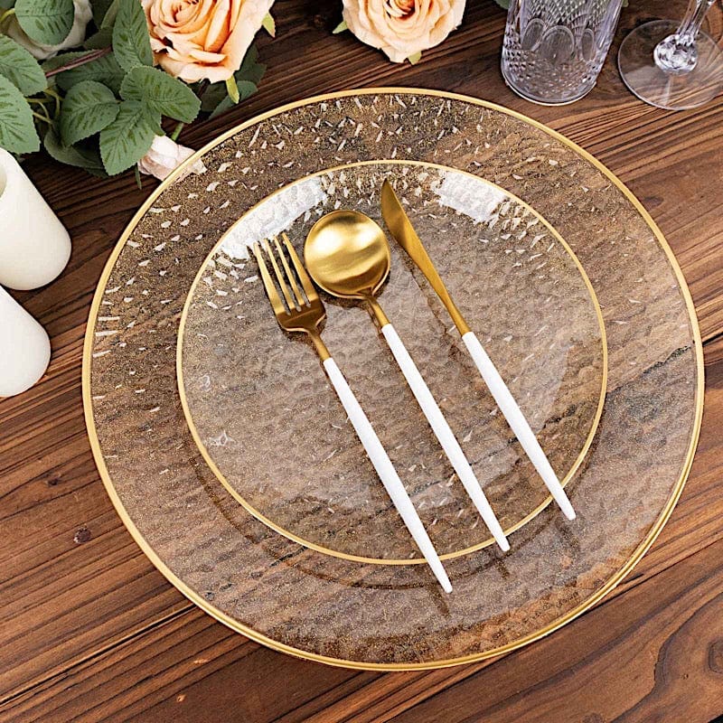 10 Round Glossy Disposable Salad and Dinner Plastic Plates with Gold Trim