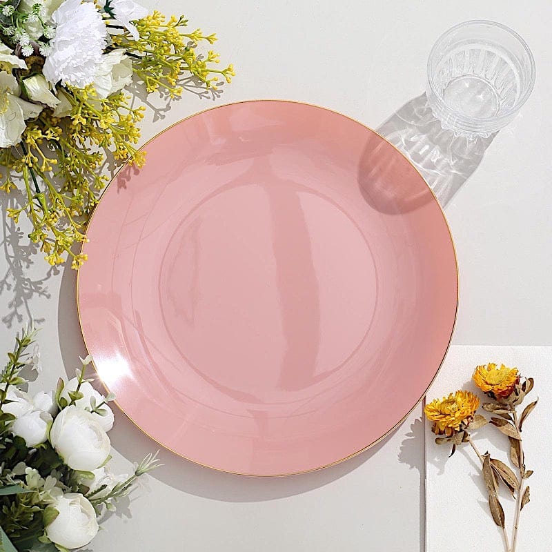 10 Round Glossy Disposable Salad and Dinner Plastic Plates with Gold Trim