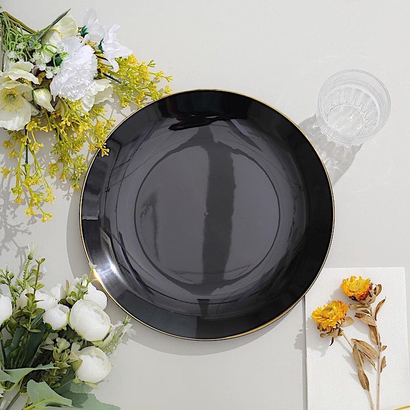10 Round Glossy Disposable Salad and Dinner Plastic Plates with Gold Trim