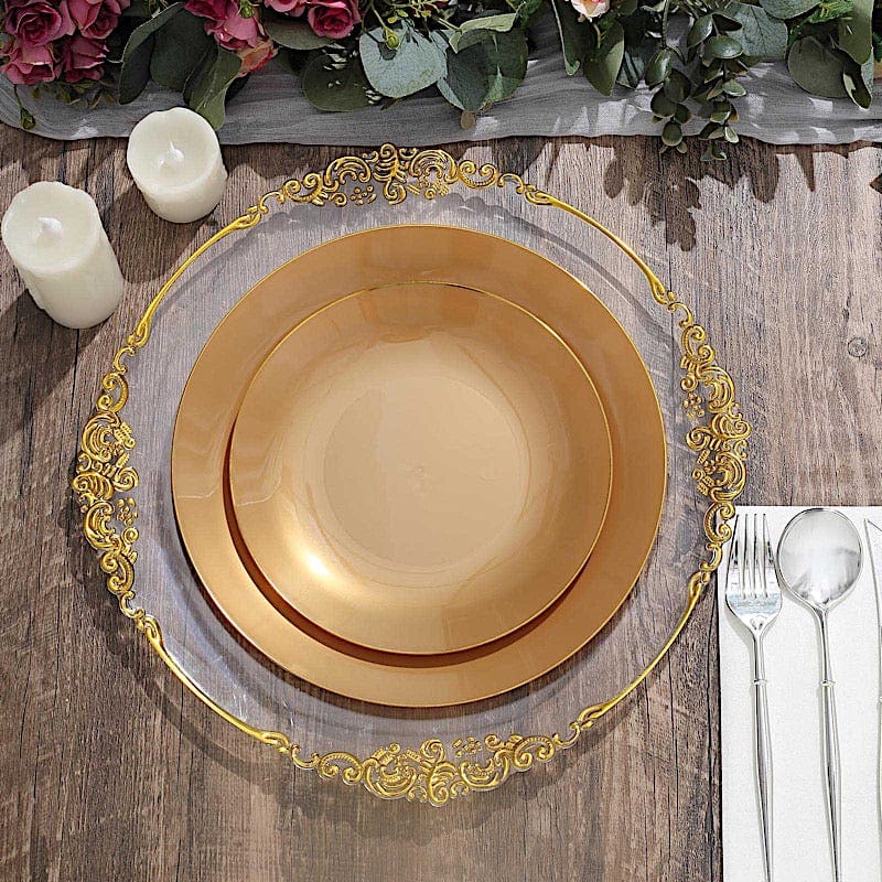 10 Round Glossy Disposable Salad and Dinner Plastic Plates with Gold Trim