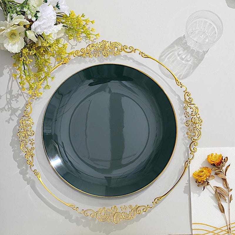 10 Round Glossy Disposable Salad and Dinner Plastic Plates with Gold Trim