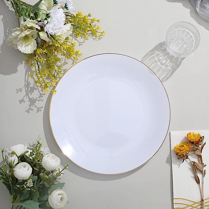 10 Round Glossy Disposable Salad and Dinner Plastic Plates with Gold Trim