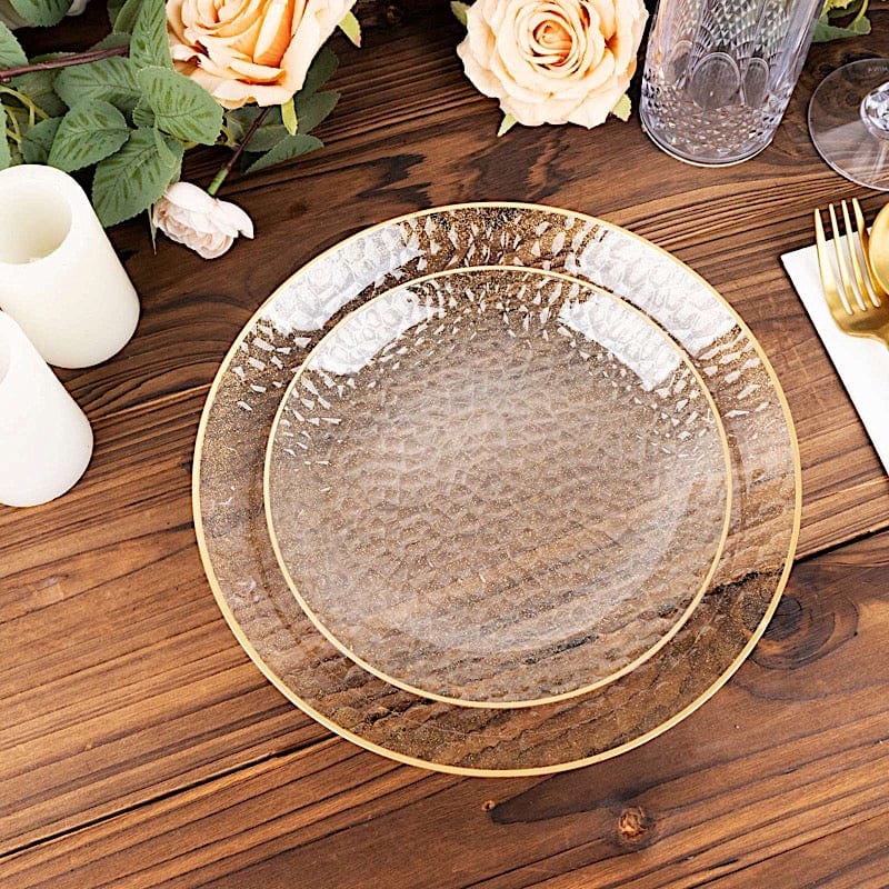 10 Round Glossy Disposable Salad and Dinner Plastic Plates with Gold Trim