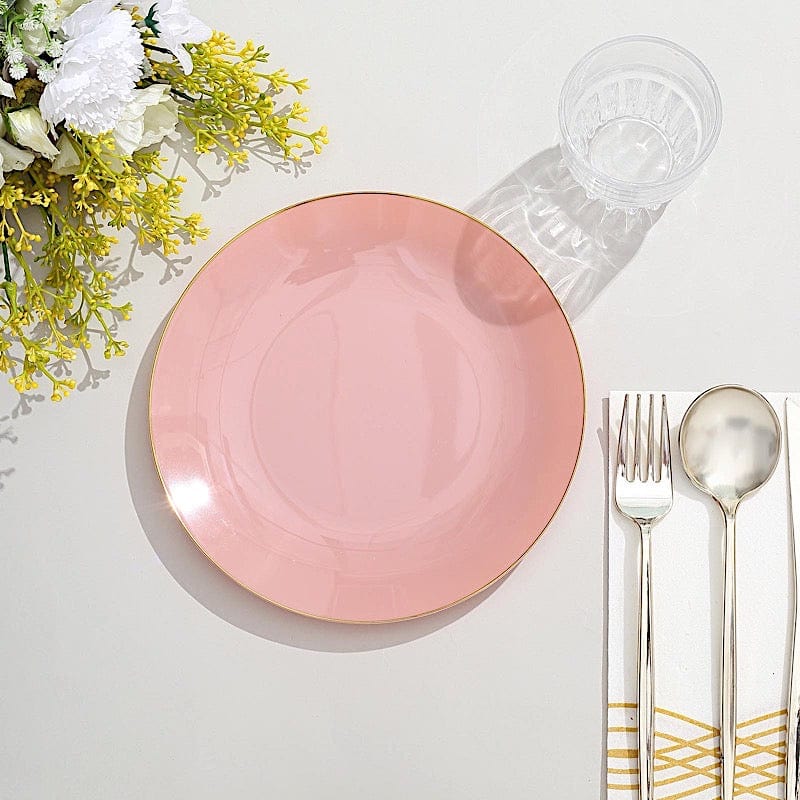 10 Round Glossy Disposable Salad and Dinner Plastic Plates with Gold Trim