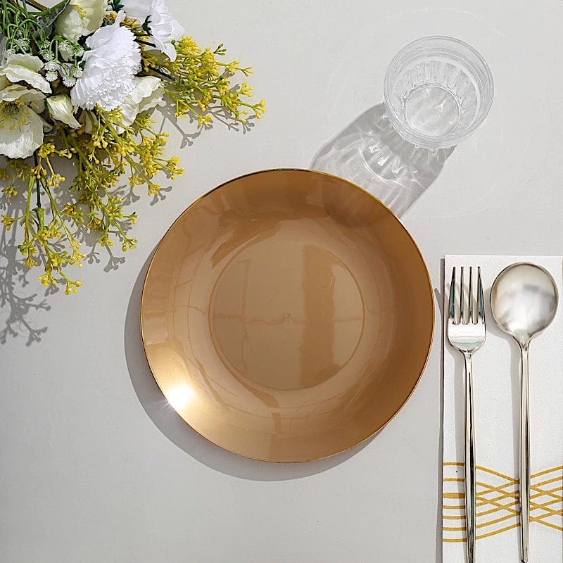 10 Round Glossy Disposable Salad and Dinner Plastic Plates with Gold Trim
