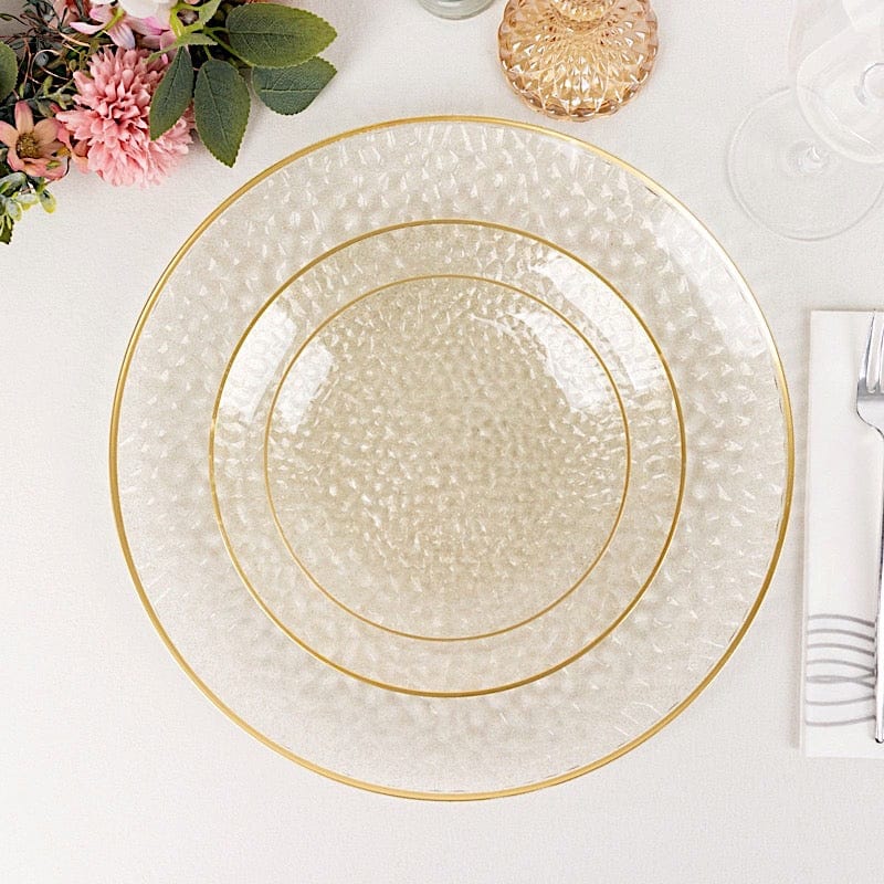 10 Round Glossy Disposable Salad and Dinner Plastic Plates with Gold Trim