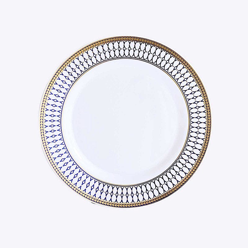 10 Round White Disposable Salad Dinner Plastic Plates with Navy Blue Chord Trim
