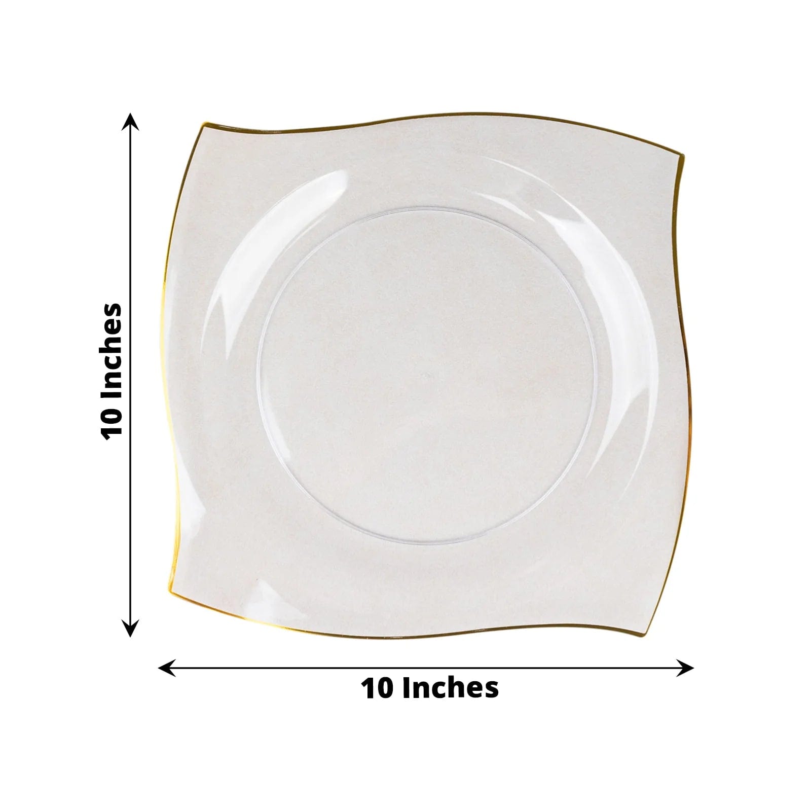 10 Square Disposable Salad and Dinner Plastic Plates with Wavy Gold Trim