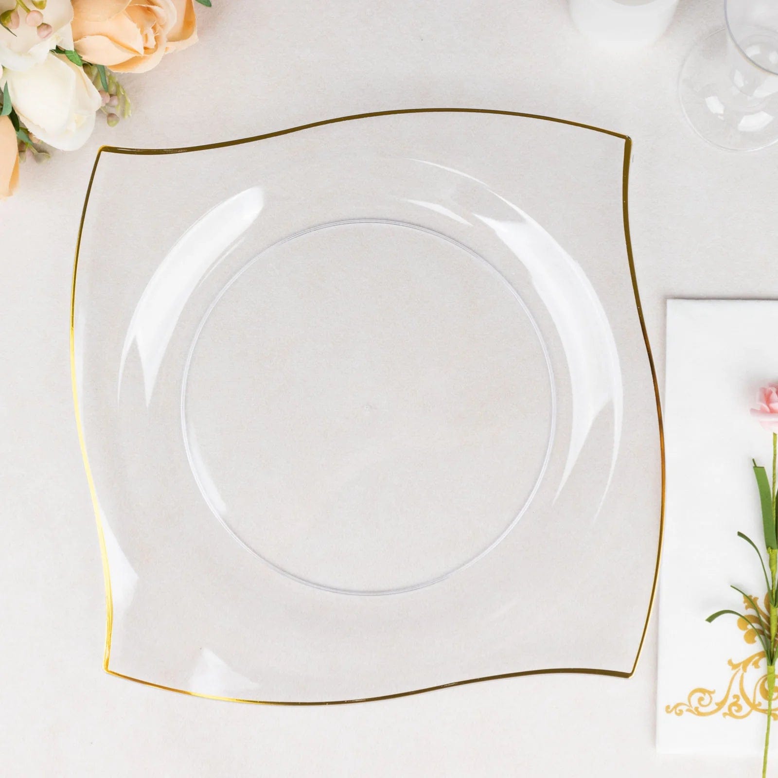 10 Square Disposable Salad and Dinner Plastic Plates with Wavy Gold Trim