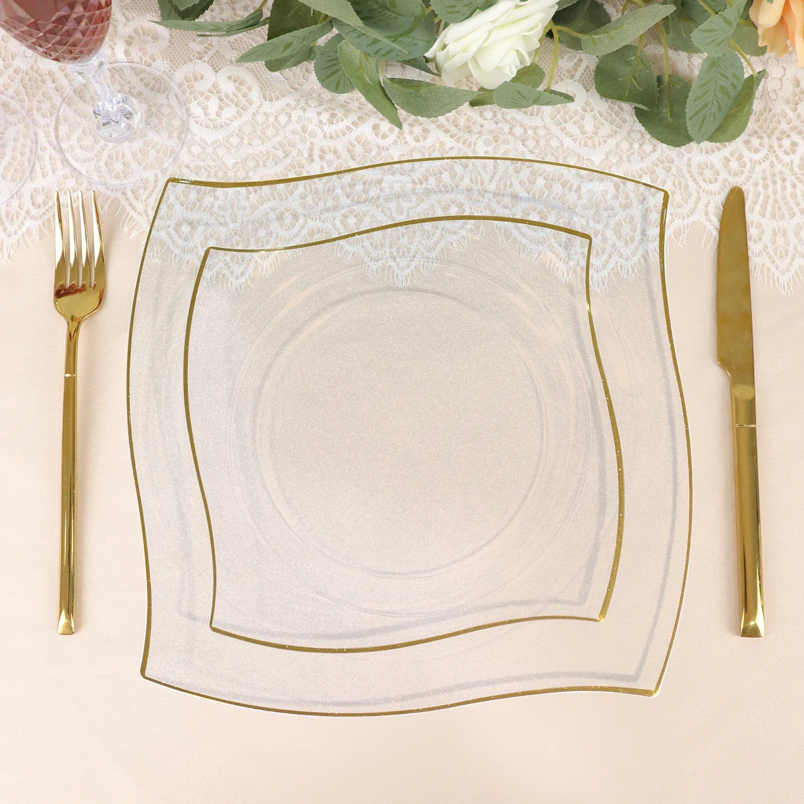 10 Square Disposable Salad and Dinner Plastic Plates with Wavy Gold Trim