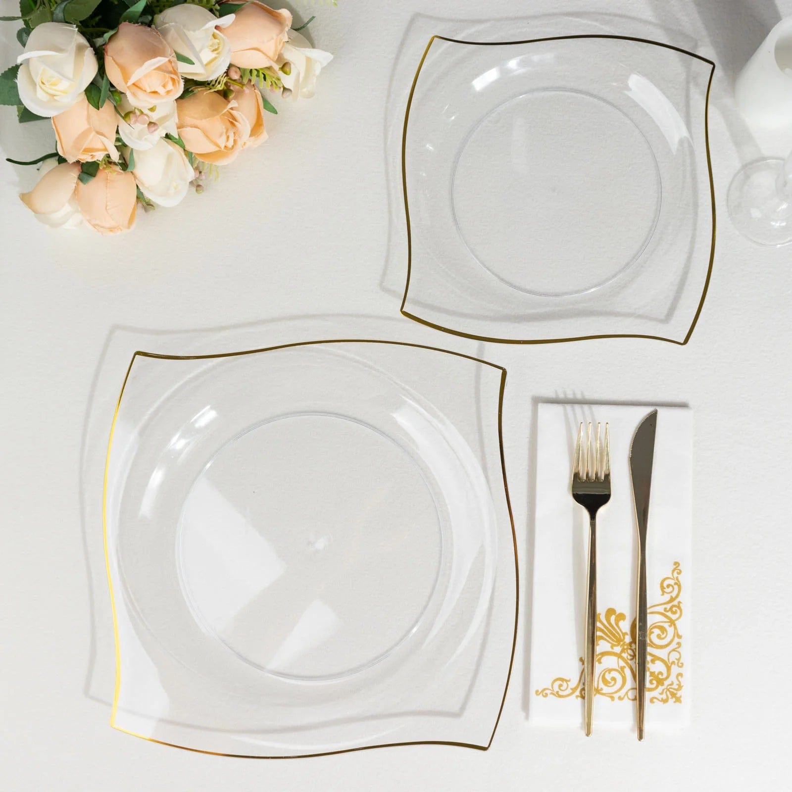 10 Square Disposable Salad and Dinner Plastic Plates with Wavy Gold Trim