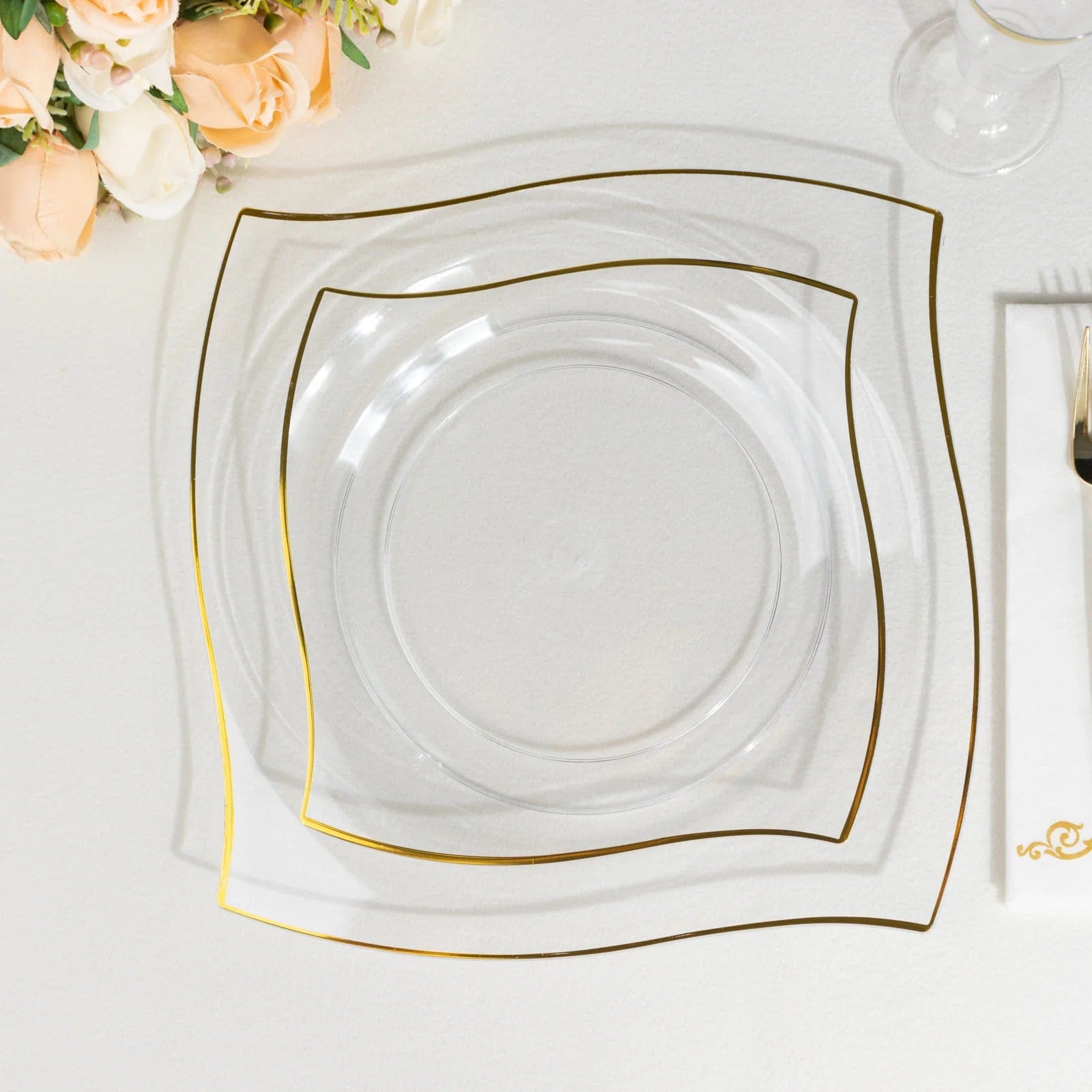 10 Square Disposable Salad and Dinner Plastic Plates with Wavy Gold Trim