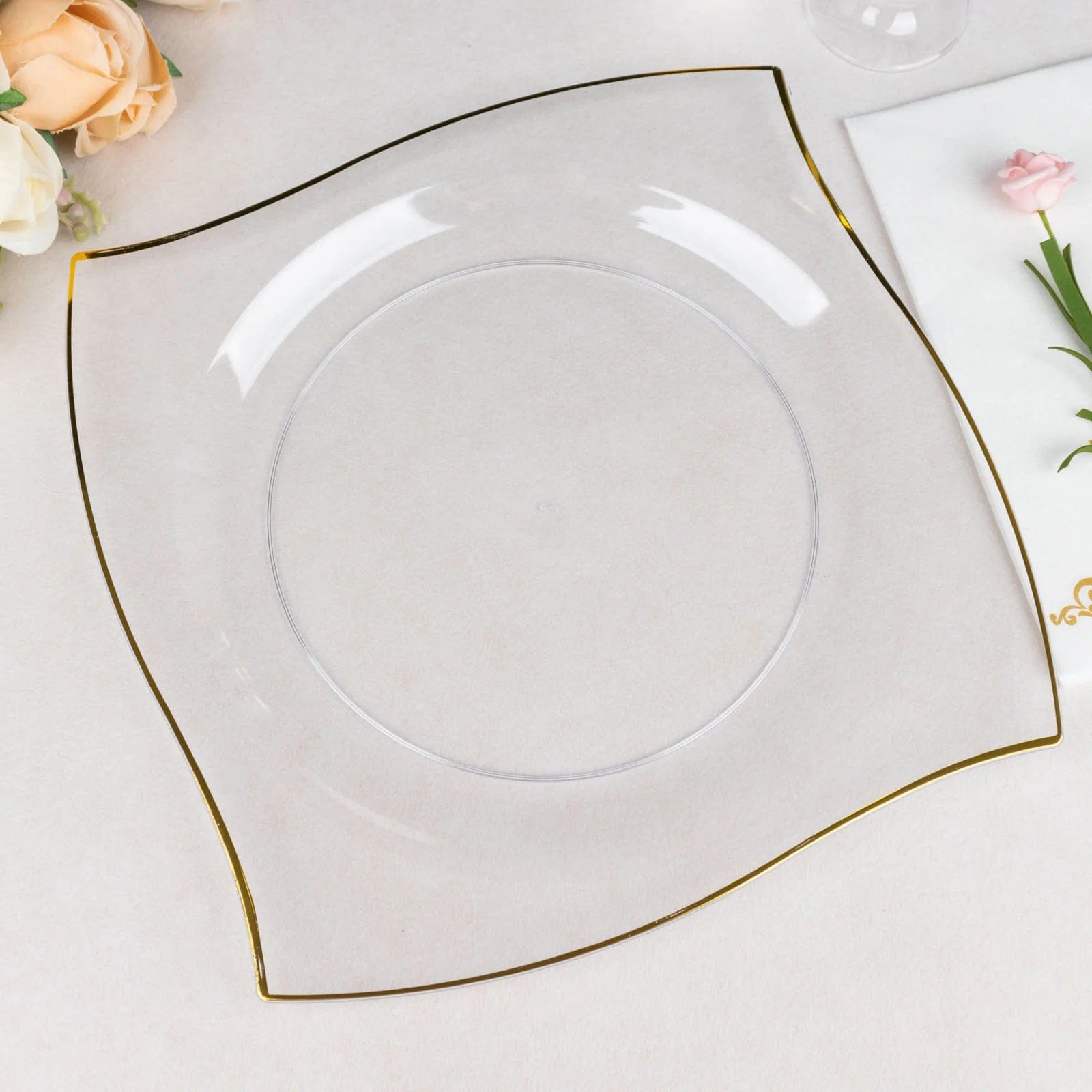 10 Square Disposable Salad and Dinner Plastic Plates with Wavy Gold Trim