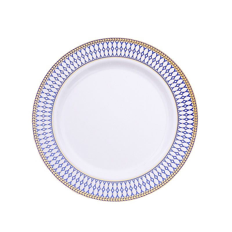 10 Round White Disposable Salad Dinner Plastic Plates with Navy Blue Chord Trim