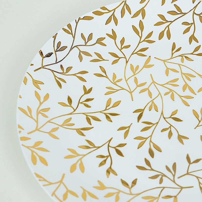10 White Round Plastic Salad Dinner Plates with Gold Leaf Design