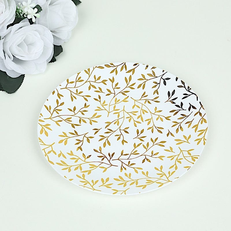 10 White Round Plastic Salad Dinner Plates with Gold Leaf Design