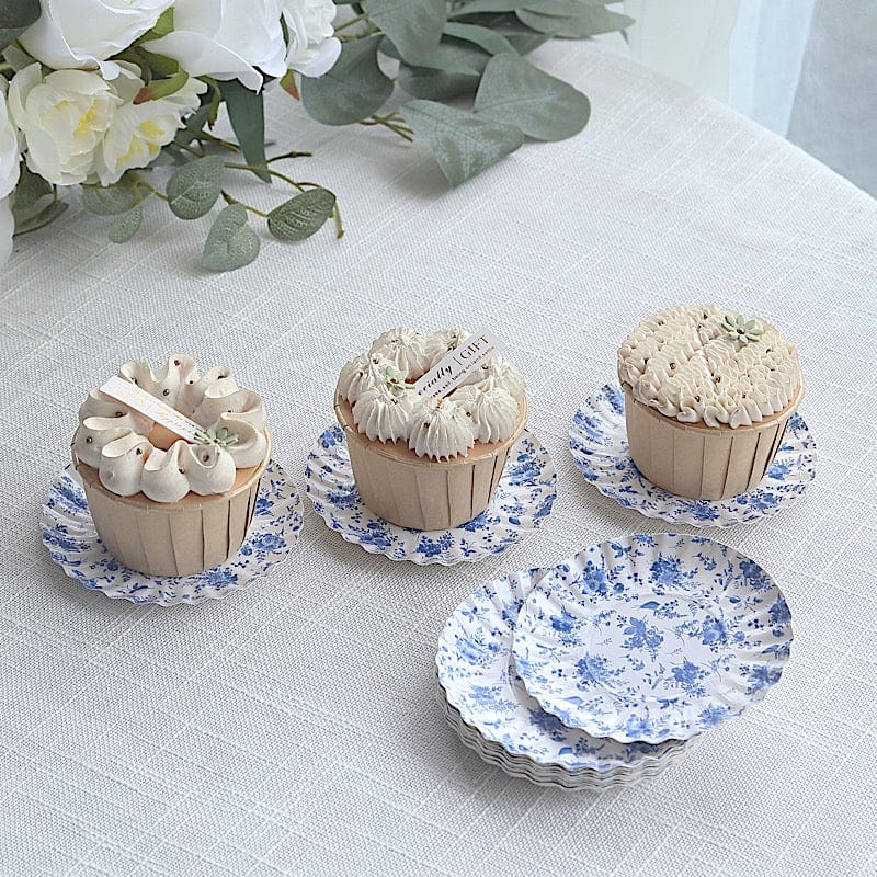 100 White Blue French Toile Mini Paper Plates with Scalloped Rim