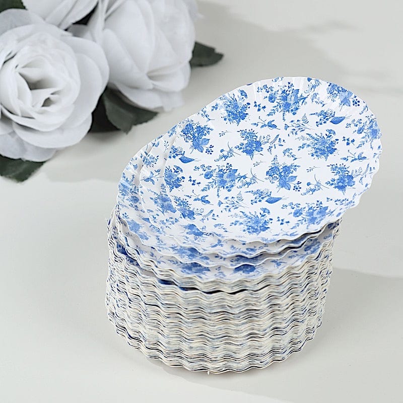 100 White Blue French Toile Mini Paper Plates with Scalloped Rim