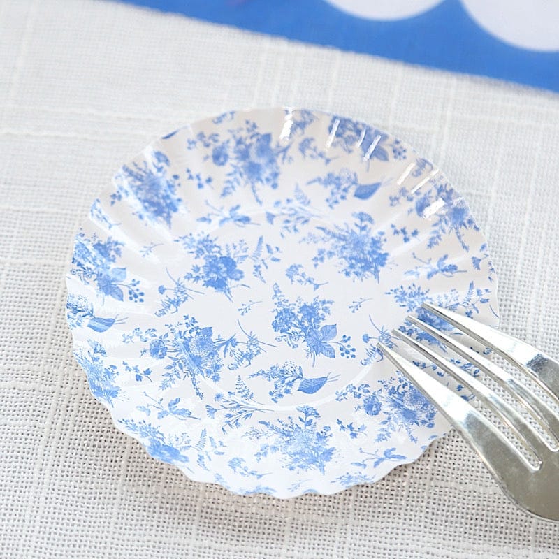 100 White Blue French Toile Mini Paper Plates with Scalloped Rim