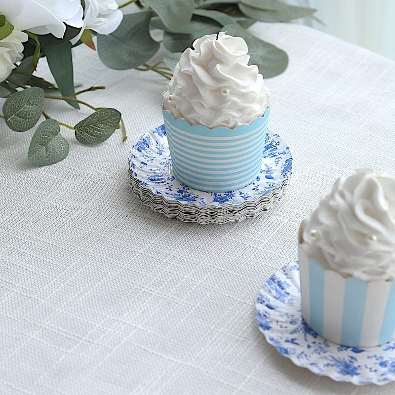 100 White Blue French Toile Mini Paper Plates with Scalloped Rim