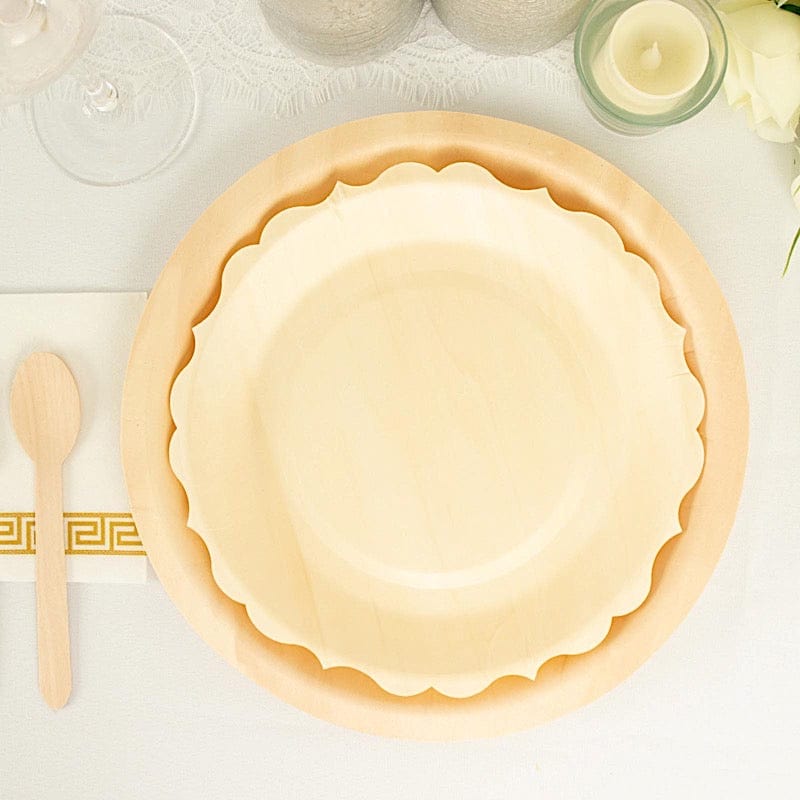 12 Natural 9 in Birch Wood Disposable Round Dinner Plates with Scalloped Rim