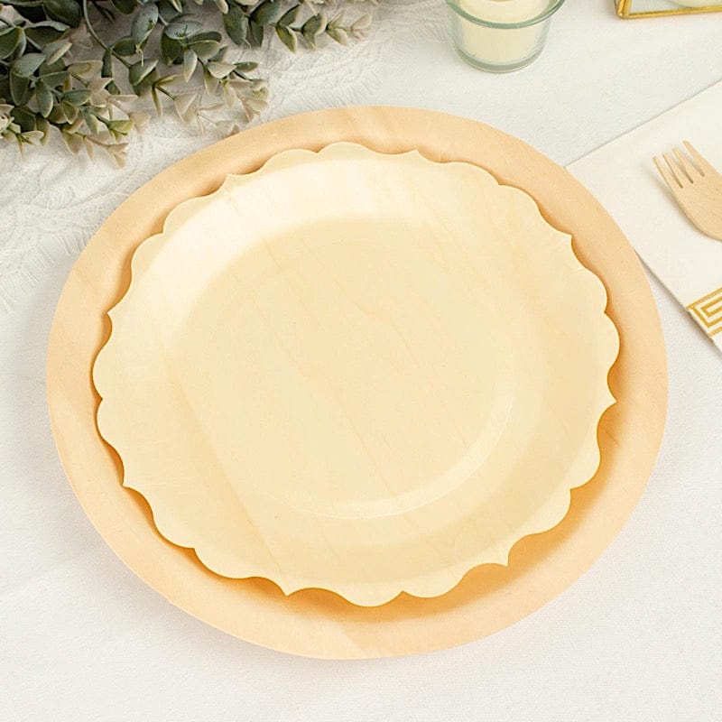 12 Natural 9 in Birch Wood Disposable Round Dinner Plates with Scalloped Rim