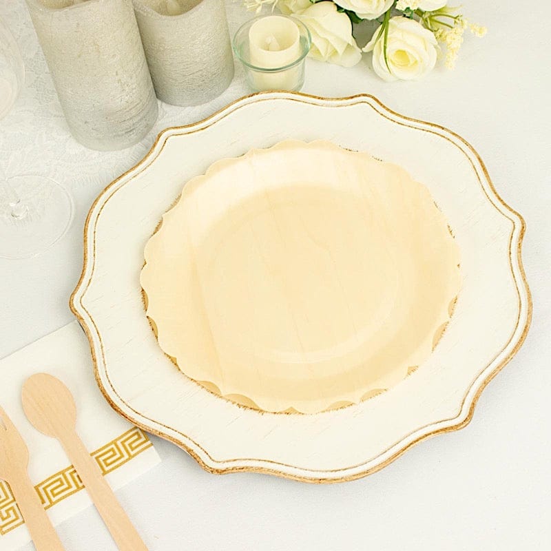 12 Natural 9 in Birch Wood Disposable Round Dinner Plates with Scalloped Rim