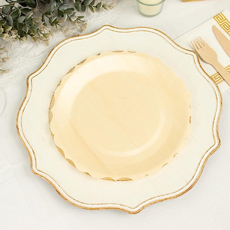 12 Natural 9 in Birch Wood Disposable Round Dinner Plates with Scalloped Rim