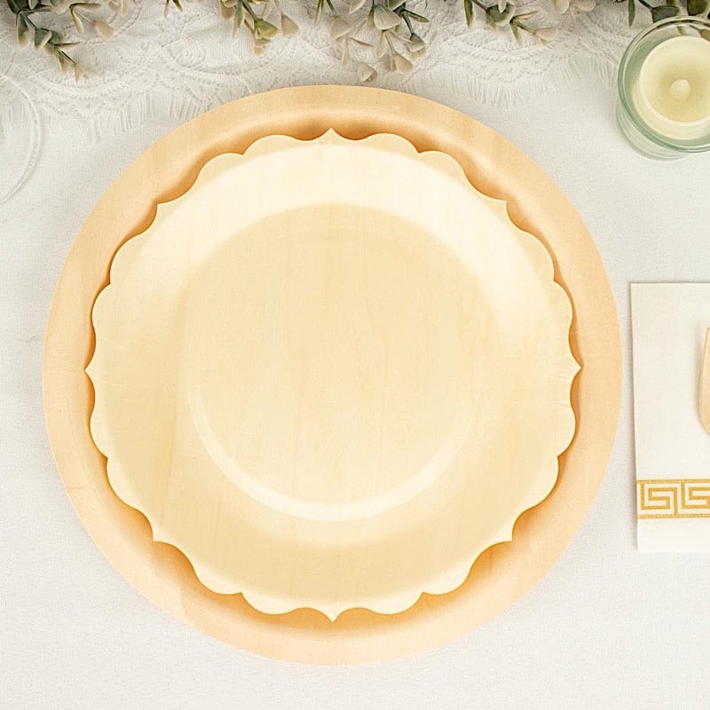 12 Natural 9 in Birch Wood Disposable Round Dinner Plates with Scalloped Rim