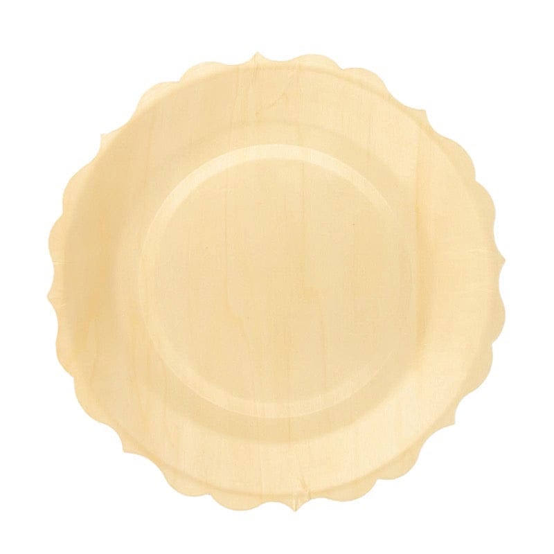12 Natural 9 in Birch Wood Disposable Round Dinner Plates with Scalloped Rim