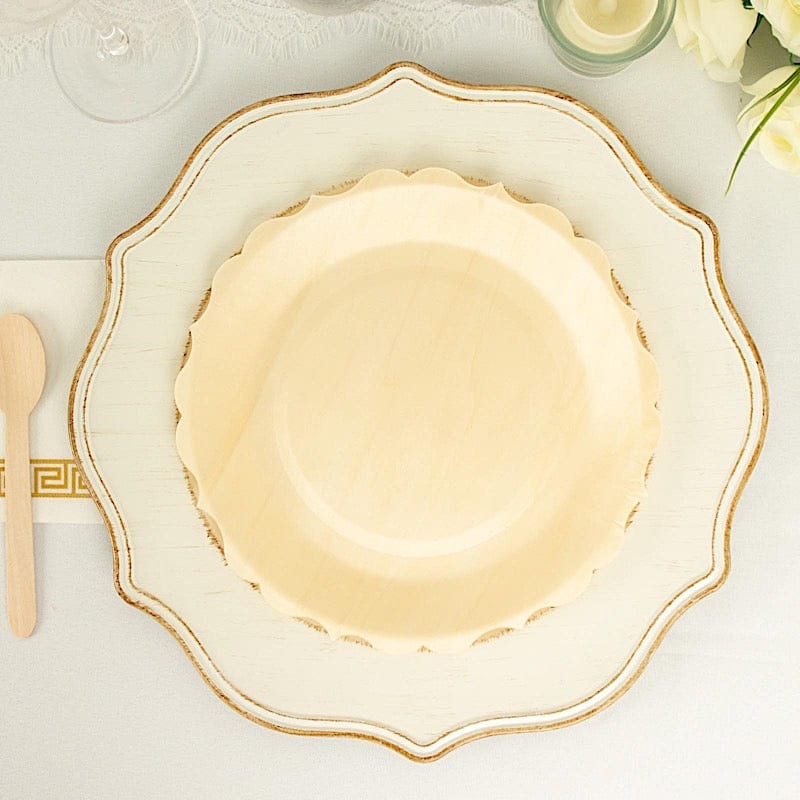 12 Natural 9 in Birch Wood Disposable Round Dinner Plates with Scalloped Rim