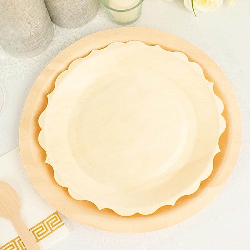 12 Natural 9 in Birch Wood Disposable Round Dinner Plates with Scalloped Rim