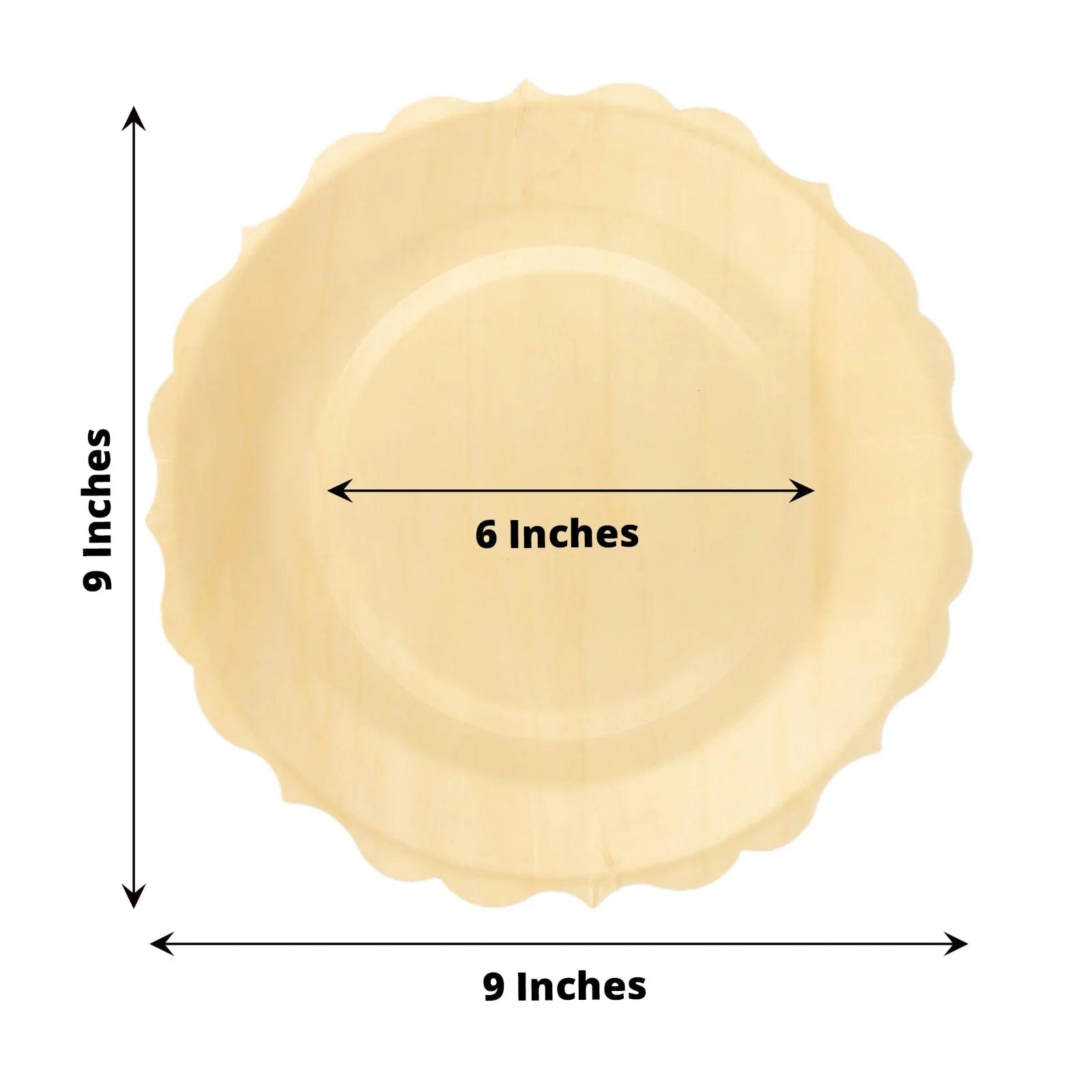 12 Natural 9 in Birch Wood Disposable Round Dinner Plates with Scalloped Rim