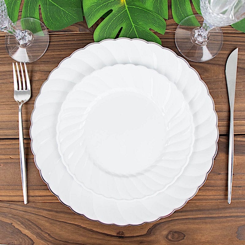 12 White 7.5 in Disposable Salad Plastic Plates with Swirl Design Trim