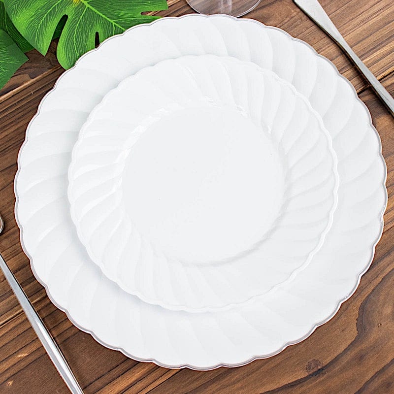 12 White 7.5 in Disposable Salad Plastic Plates with Swirl Design Trim
