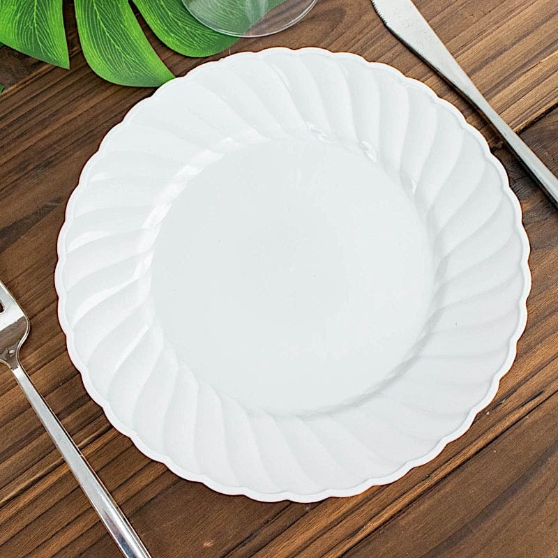 12 White 7.5 in Disposable Salad Plastic Plates with Swirl Design Trim