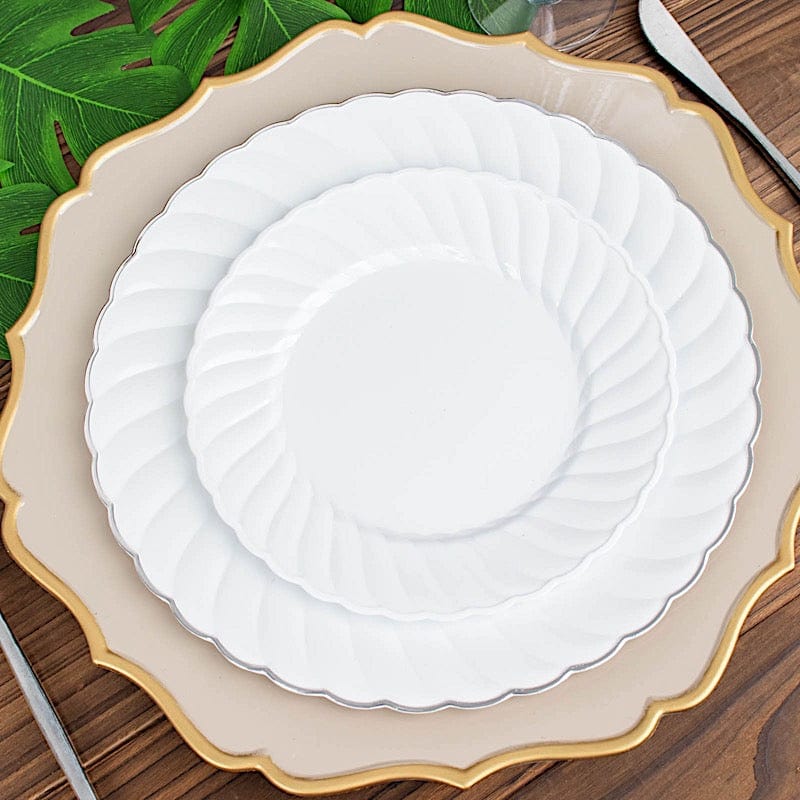 12 White 7.5 in Disposable Salad Plastic Plates with Swirl Design Trim