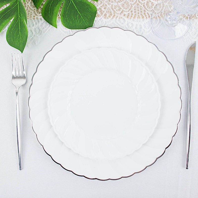12 White 7.5 in Disposable Salad Plastic Plates with Swirl Design Trim