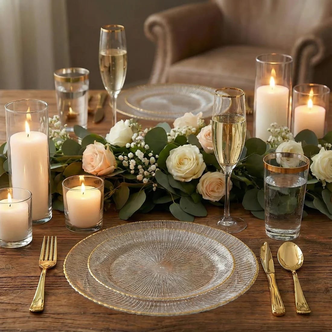 20 Clear Plastic Round Salad Dinner Plates with Ribbed Pattern and Gold Rim