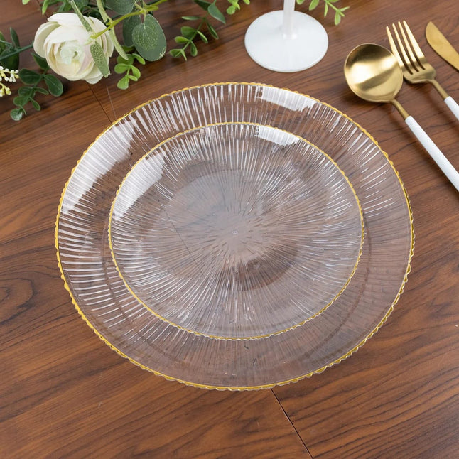 20 Clear Plastic Round Salad Dinner Plates with Ribbed Pattern and Gold Rim