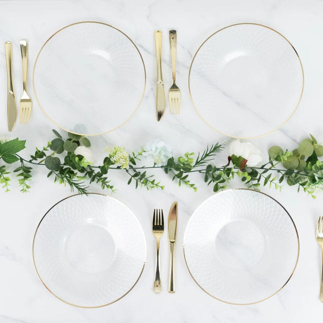 20 Plastic Round Salad Dinner Plates with Diamond Cut Pattern and Gold Rim