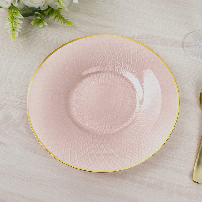 20 Plastic Round Salad Dinner Plates with Diamond Cut Pattern and Gold Rim