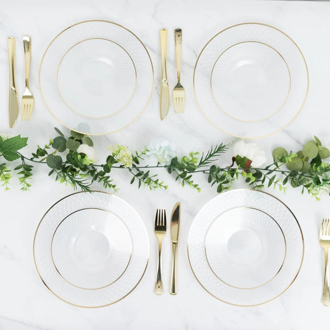 20 Plastic Round Salad Dinner Plates with Diamond Cut Pattern and Gold Rim