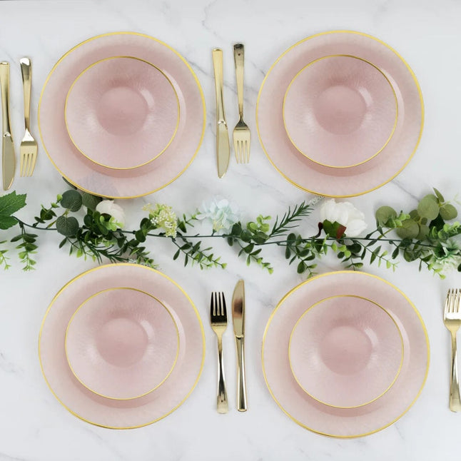 20 Plastic Round Salad Dinner Plates with Diamond Cut Pattern and Gold Rim