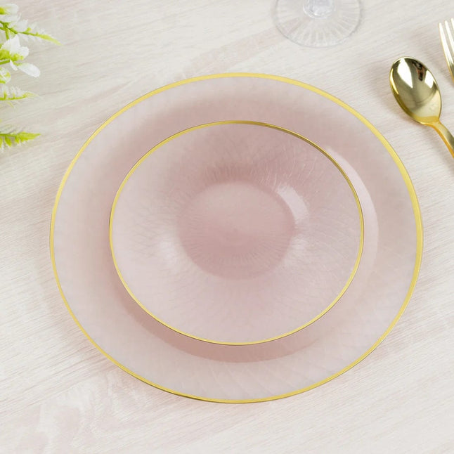 20 Plastic Round Salad Dinner Plates with Diamond Cut Pattern and Gold Rim