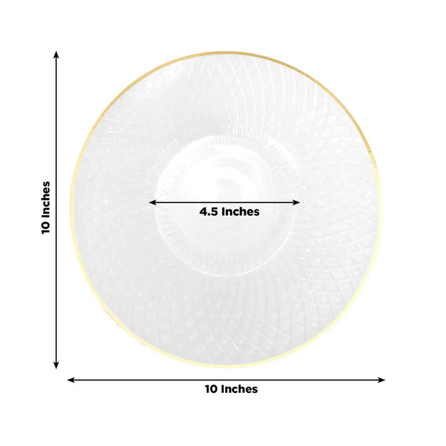20 Plastic Round Salad Dinner Plates with Diamond Cut Pattern and Gold Rim